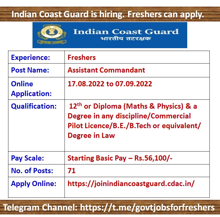 Indian Coast Guard Recruitment 2022 71 Assistant Commandant Posts