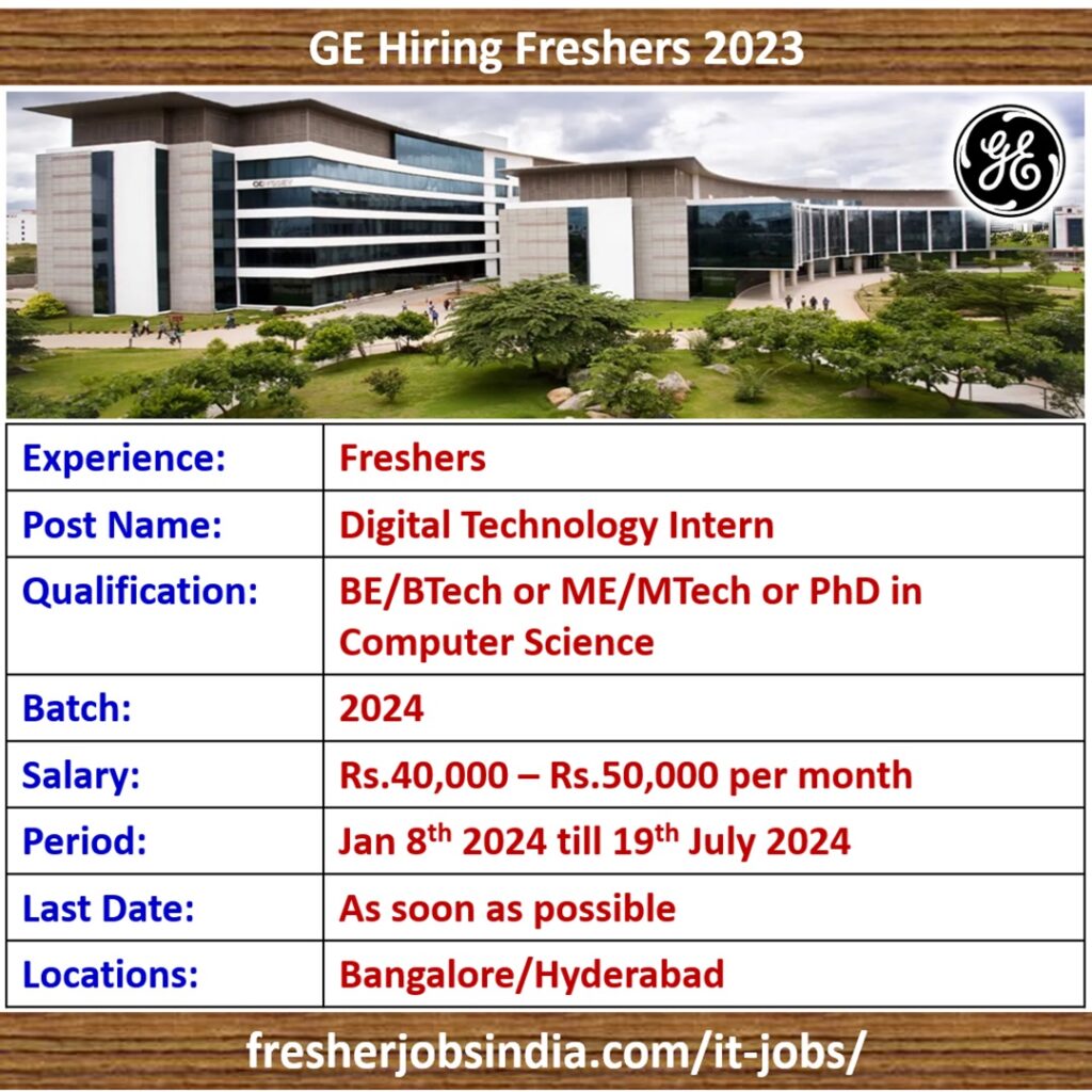 GE Internship 2024 Digital Technology Intern Bangalore/ Hyderabad