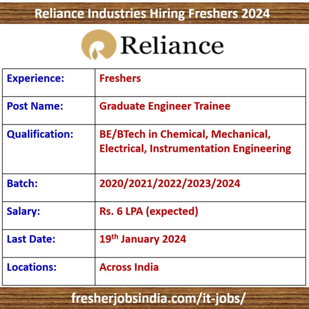 Reliance Industries Hiring Freshers 2024 | Graduate Engineer Trainees