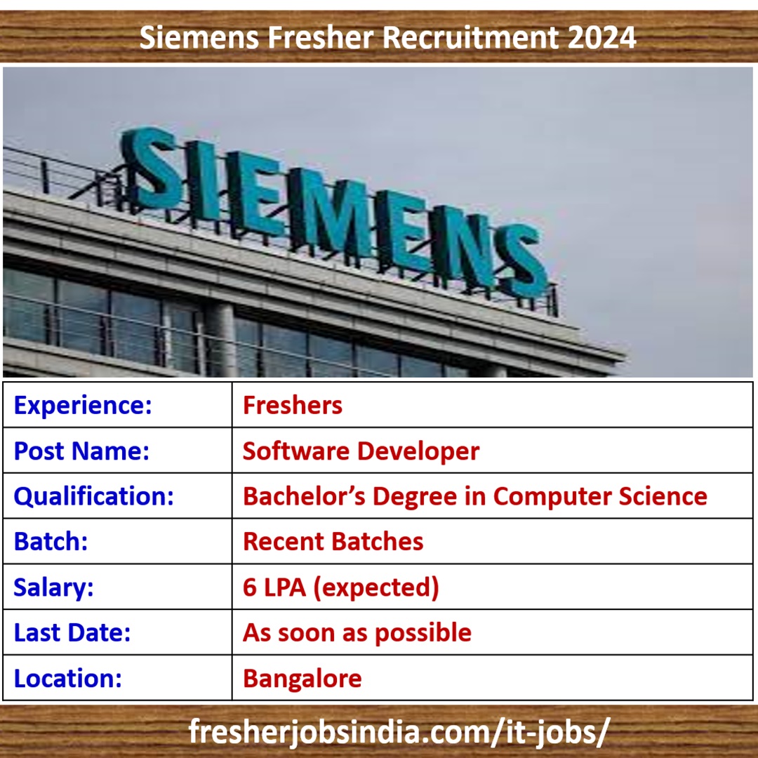 Seimens Fresher Recruitment 2024 Software Developer Bangalore