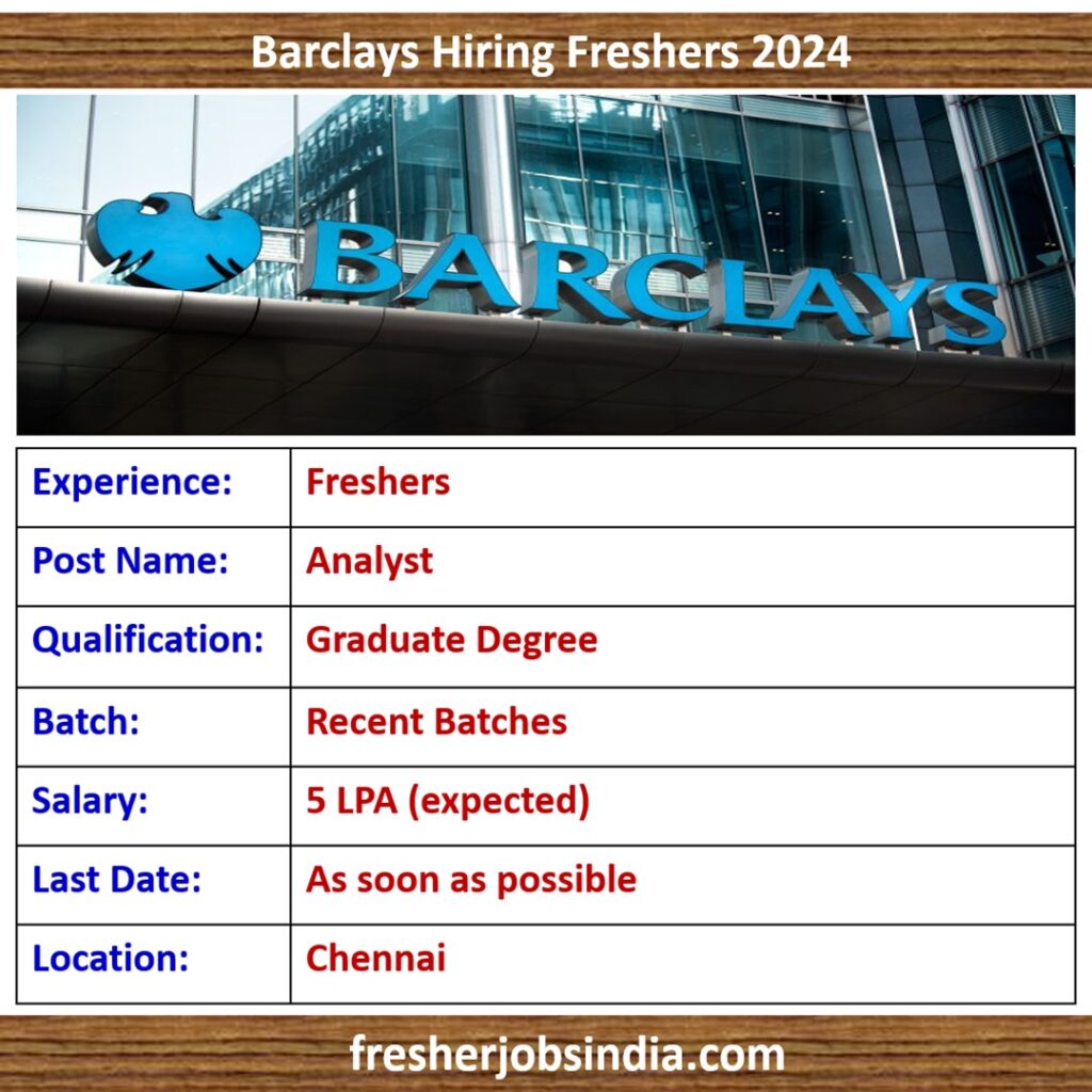 Barclays Hiring Freshers 2024 | Analyst | Graduate | Chennai
