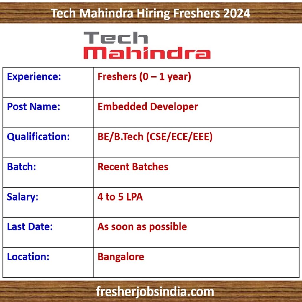 Tech Mahindra Fresher Recruitment 2024 | Embedded Developer