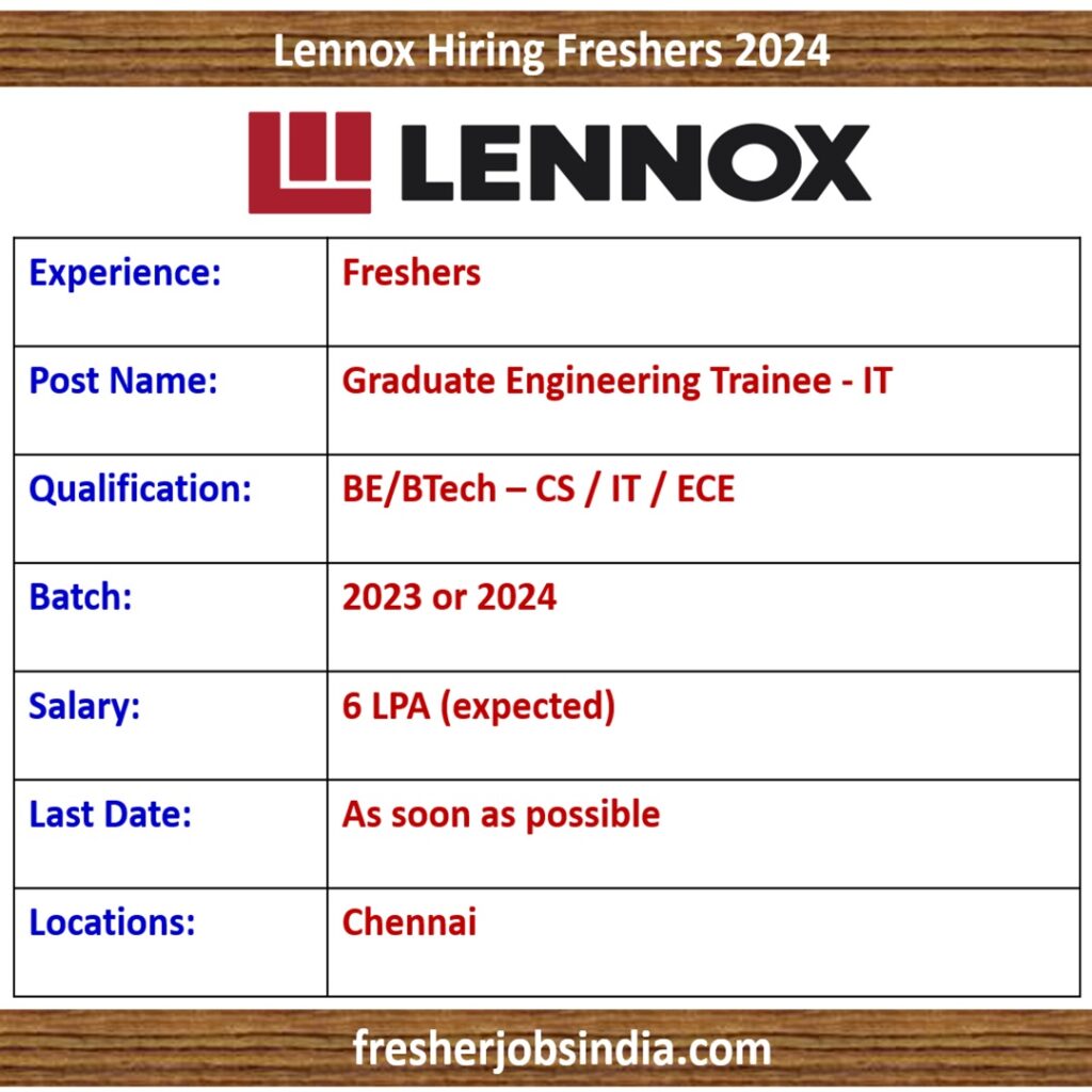 Lennox Careers 2024 | Graduate Engineering Trainee - IT | BE/BTech