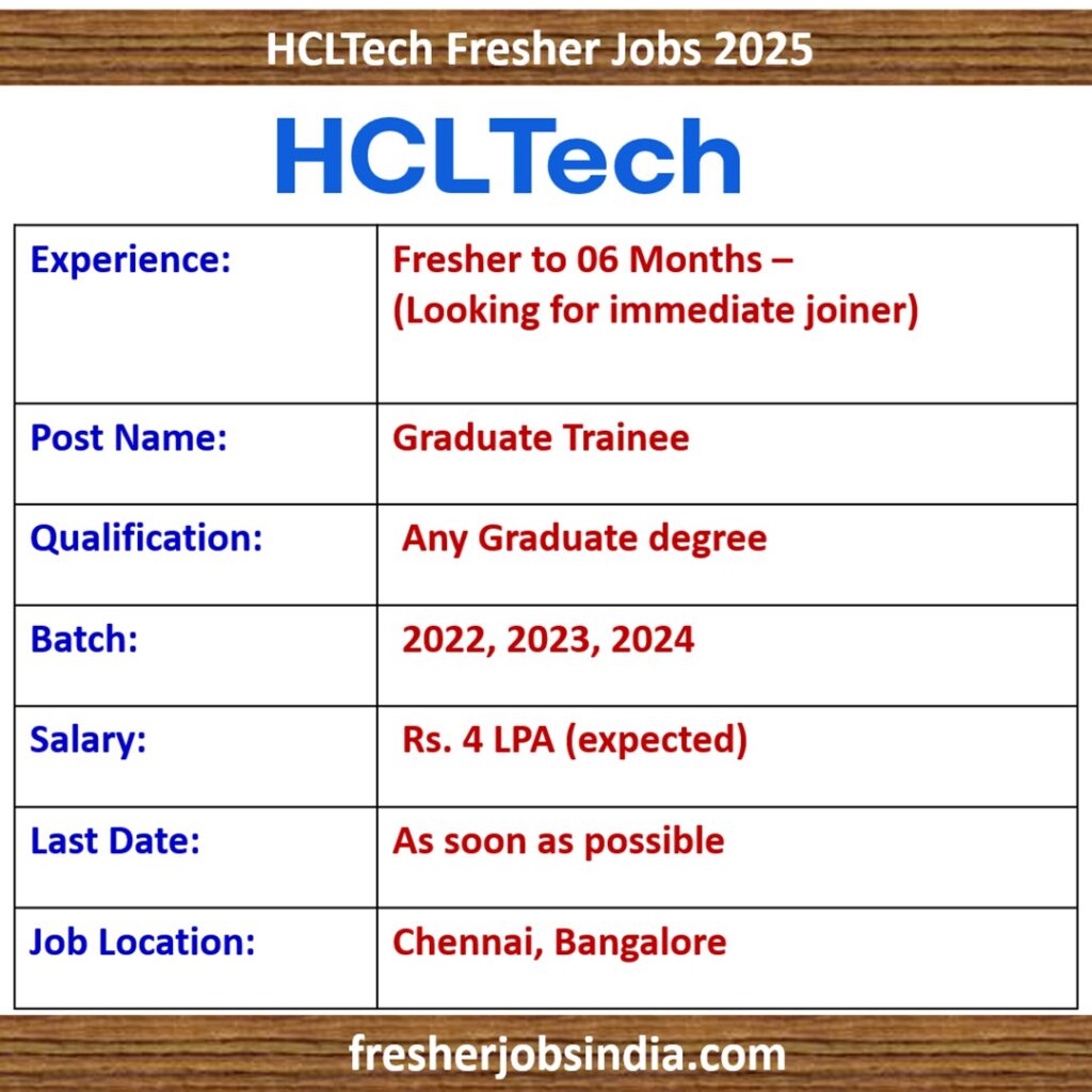 HCLTech Fresher Jobs 2025 | Graduate Trainee | Any Graduate