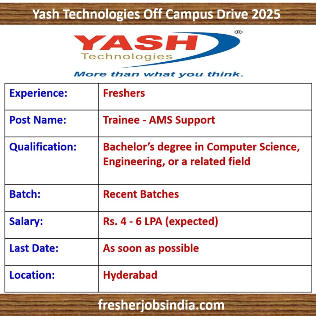 Yash Technologies Off Campus Drive 2025 | Trainee - AMS Support