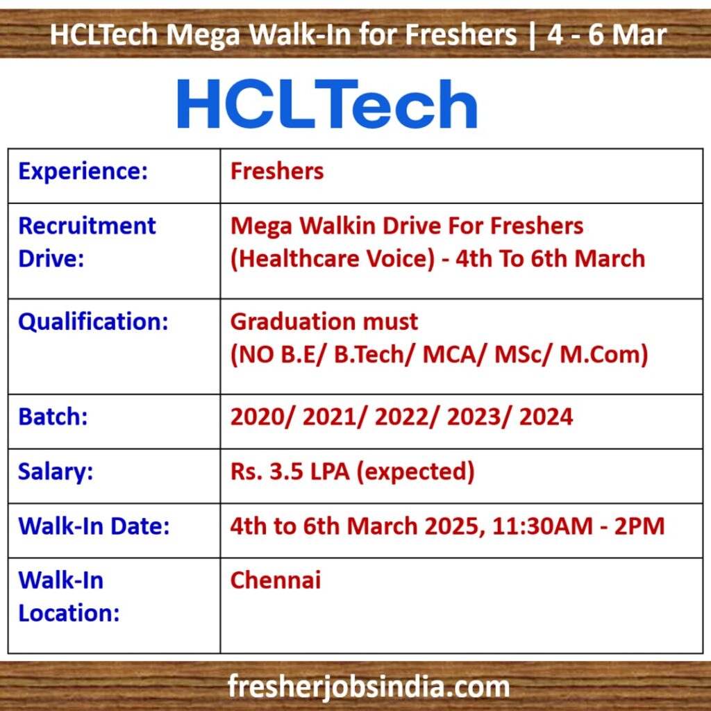 HCLTech Mega Walk-In for Freshers | Any Graduate | 4-6 Mar 2025