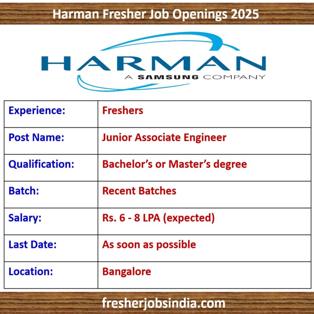 Harman Fresher Job Openings 2025 | Junior Associate Engineer