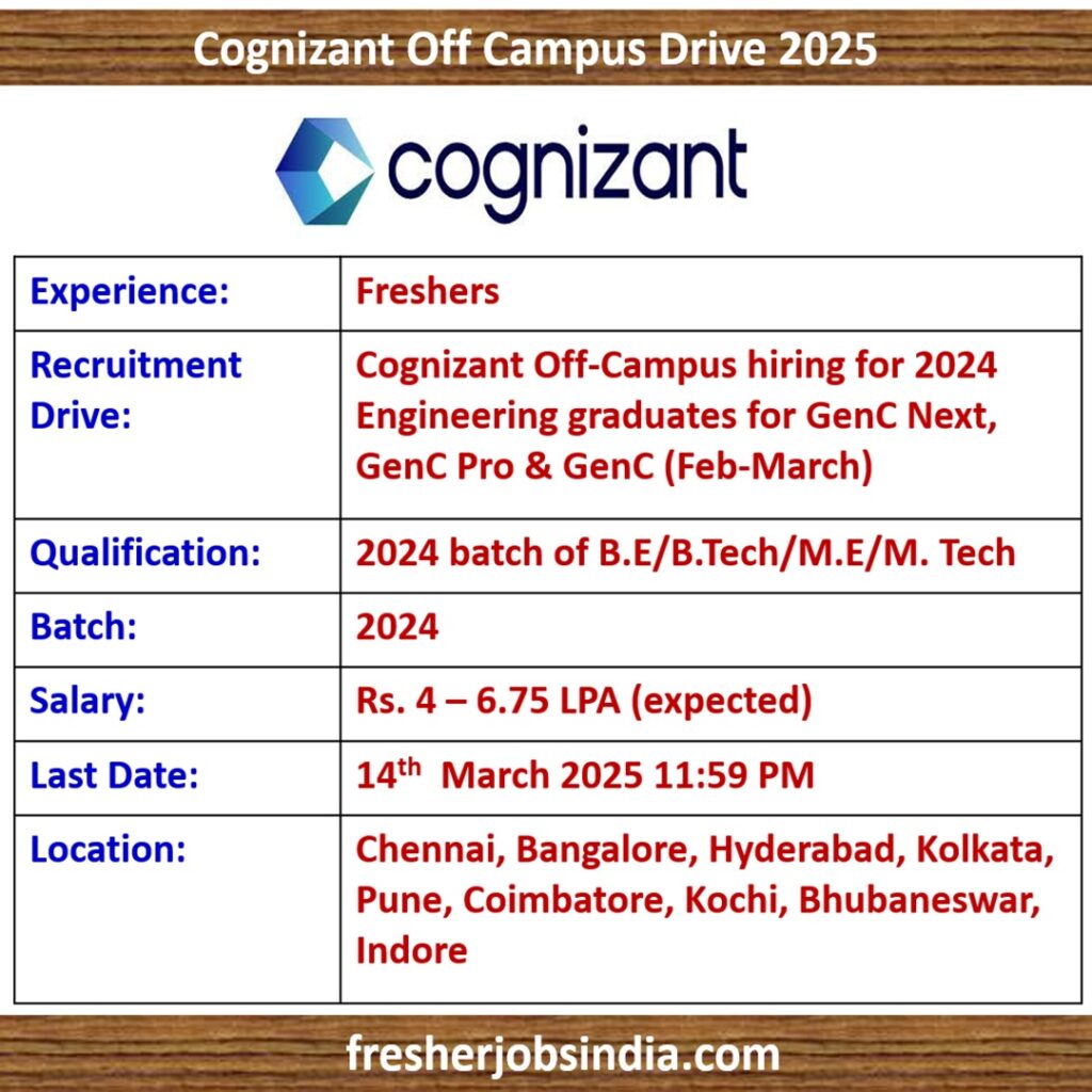 Cognizant Fresher Hiring 2025 | BE, BTech, ME, MTech | GenC Next, GenC Pro & GenC