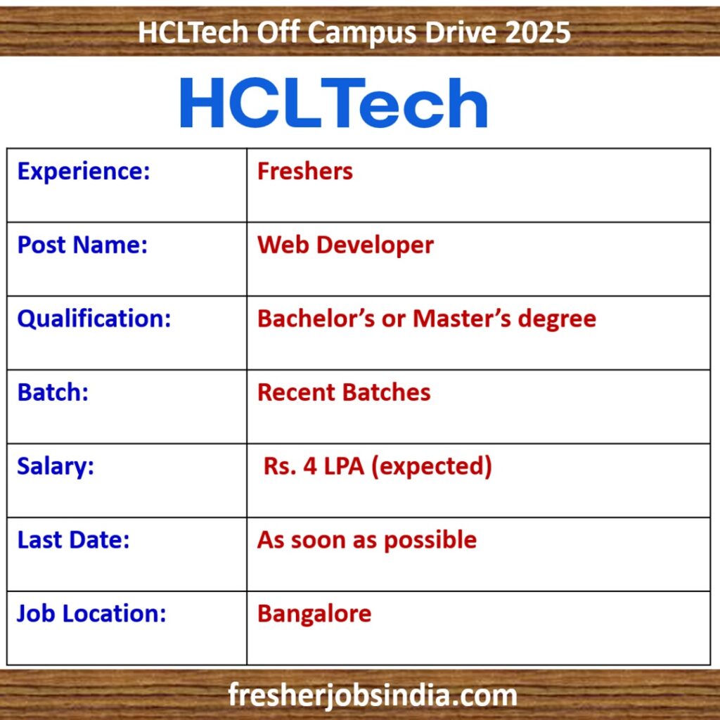 HCLTech Off Campus Drive 2025 | Web Developer | Bangalore