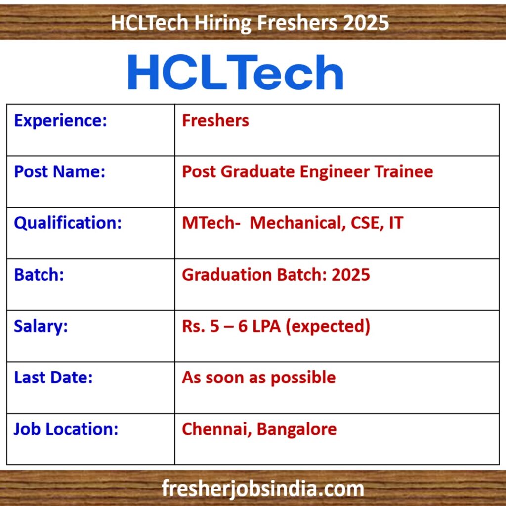 HCLTech Hiring Freshers 2025 | Post Graduate Engineer Trainee | Chennai, Bangalore