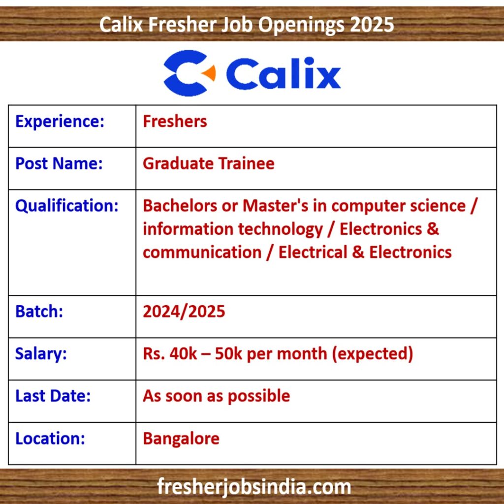 Calix Fresher Job Openings 2025 | Graduate Trainee | Bangalore