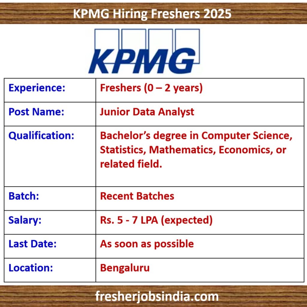 KPMG Hiring Freshers 2025 | Junior Data Analyst | 0-2 years exp.
