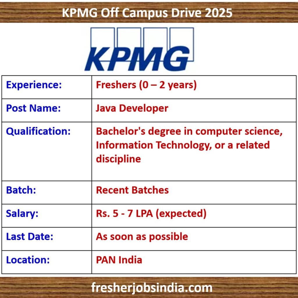 KPMG Off Campus Drive 2025 | Java Developer | PAN India | 0-2 years exp.