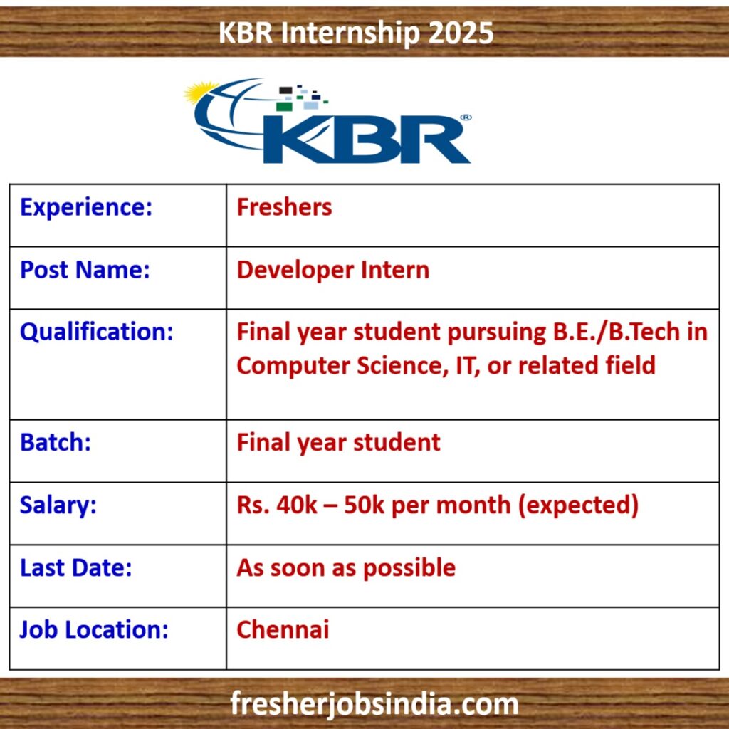 KBR Internship 2025 | Developer Intern | BE/BTech (CS, IT)