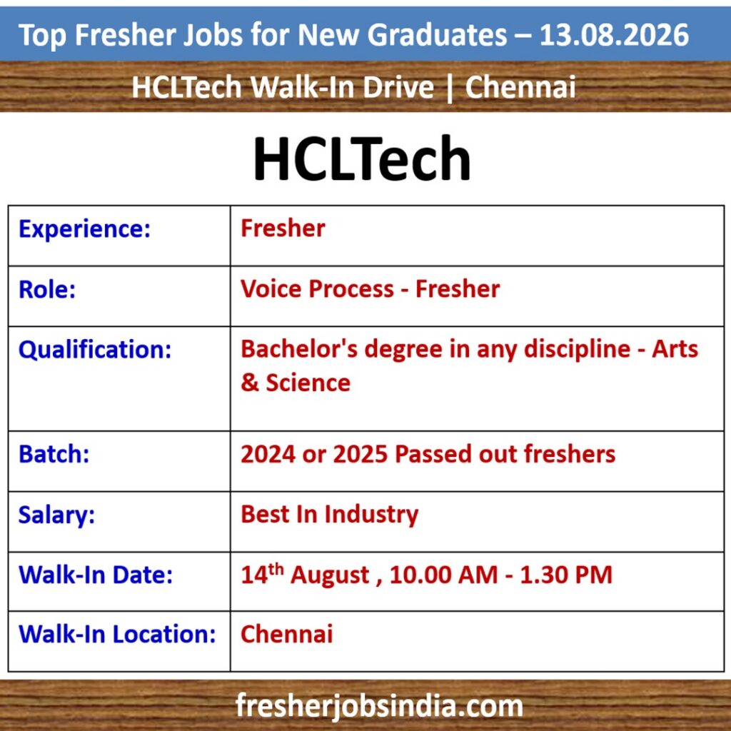 Fresher Jobs for New College Graduates – 13.08.2026