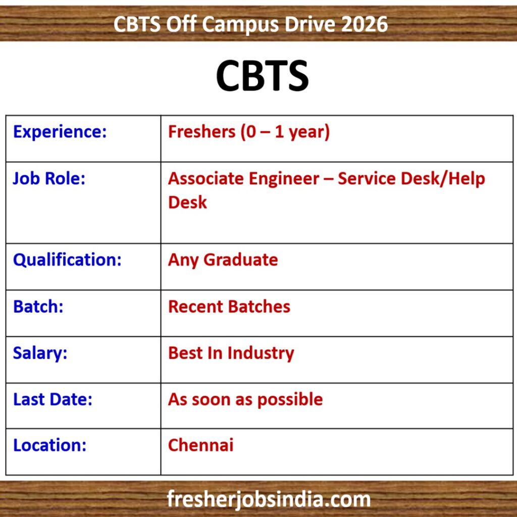 CBTS is hiring for an Associate Engineer – Service Desk/Help Desk position in Chennai, Tamil Nadu. This is a full-time IT support opportunity aimed at candidates with 0–1 years of experience who are interested in building a career in technical support, service desk operations, incident management and IT infrastructure support. According to the job listing, the position involves providing first-level technical assistance, handling support tickets, troubleshooting common IT issues, monitoring alerts and coordinating with internal technical teams. The role also requires candidates to be comfortable working in a 24×7 rotational shift environment, including nights, weekends and holidays when required.