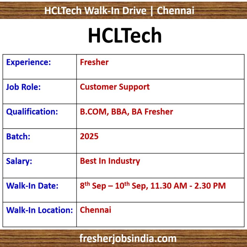 HCLTech Mega Walk-In Drive | 8th Sep - 10th Sep | Chennai