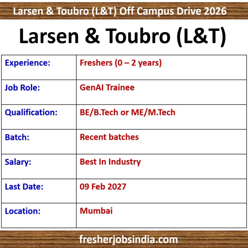 Larsen & Toubro (L&T) Off Campus Drive 2026 | GenAI Trainee