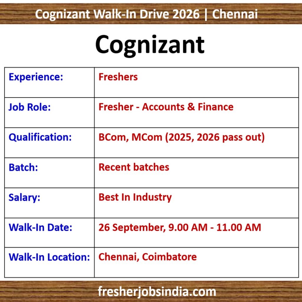 Cognizant Walk-in | 26 Sep | Fresher - Accounts & Finance | Chennai/Coimbatore)