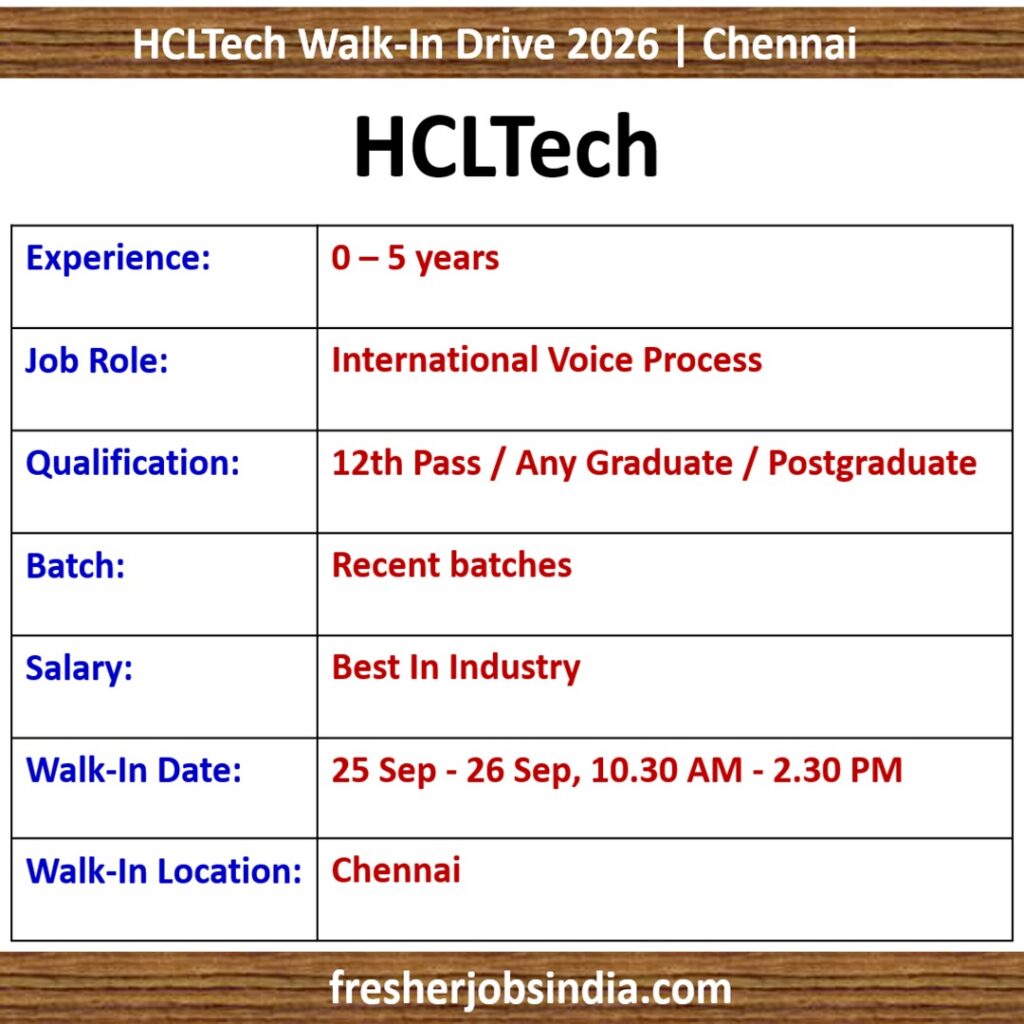 HCLTech Walk-In Drive 2026 | 25 Sep - 26 Sep | 0 - 5 yrs | Chennai