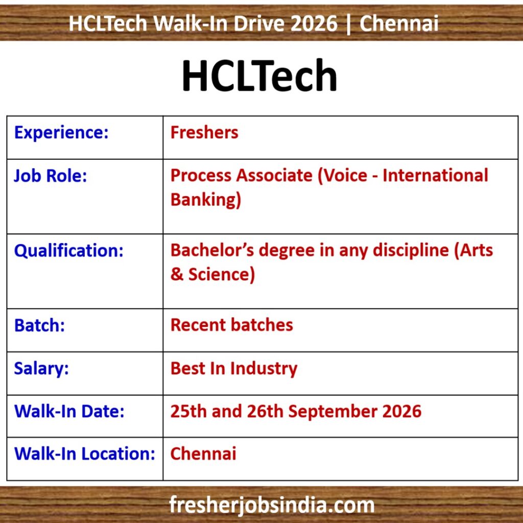 HCLTech Walk-In - Fresher | Process Associate | 25th & 26th Sep 2026 | Chennai