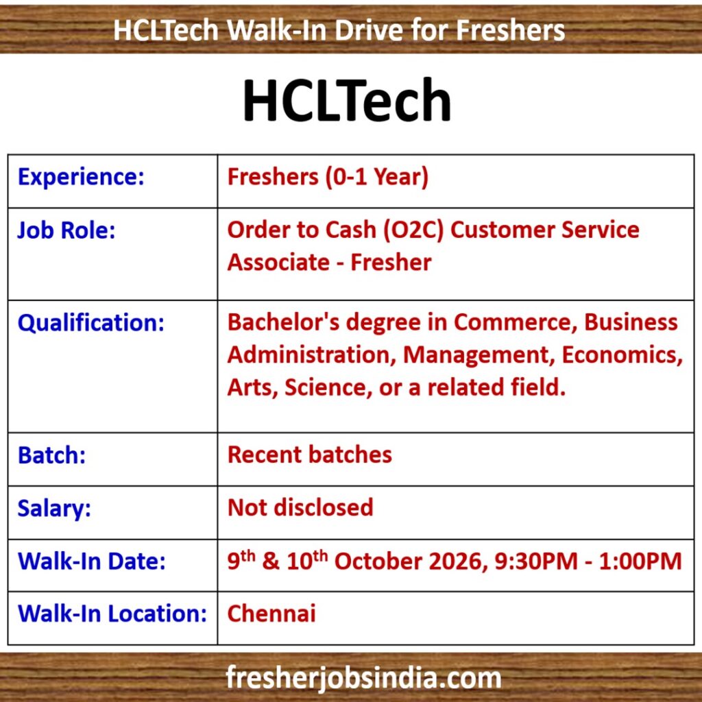 HCLTech Walk-In Drive for Freshers: O2C Customer Service Associate (Chennai, 9 & 10 October 2026)