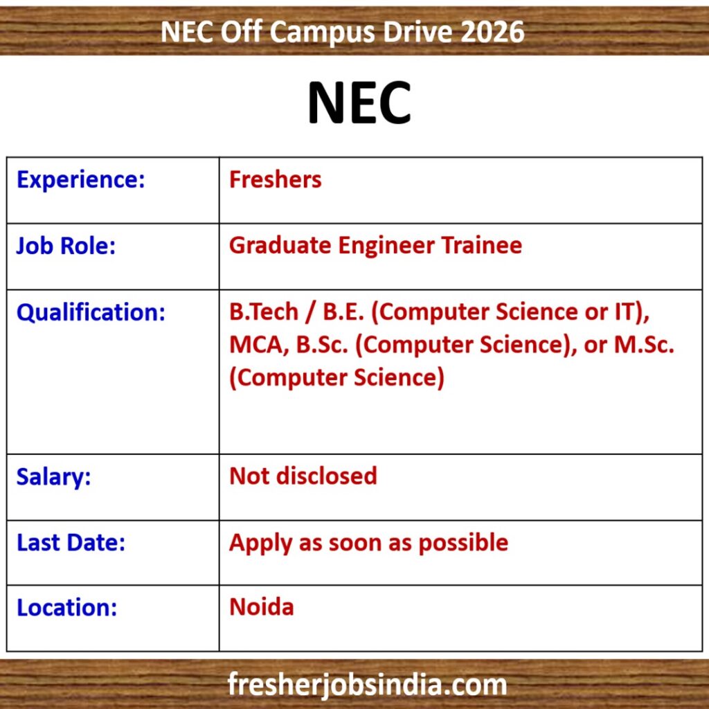 NEC Off Campus Drive 2026 | Graduate Engineer Trainee | BE/BTech (CS/IT), MCA, BSc/MSc (CS)