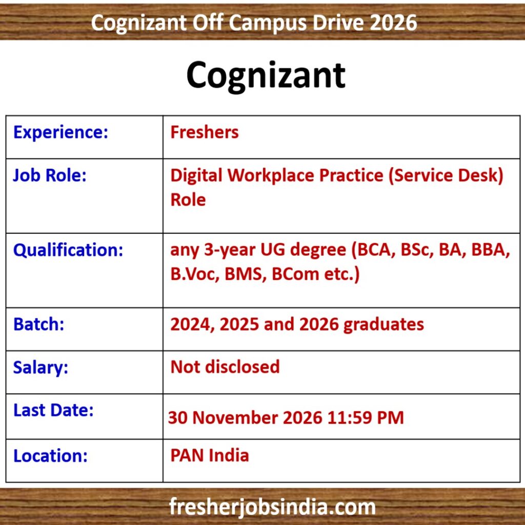 Cognizant Fresher Hiring 2026: Digital Workplace Practice (Service Desk) Role