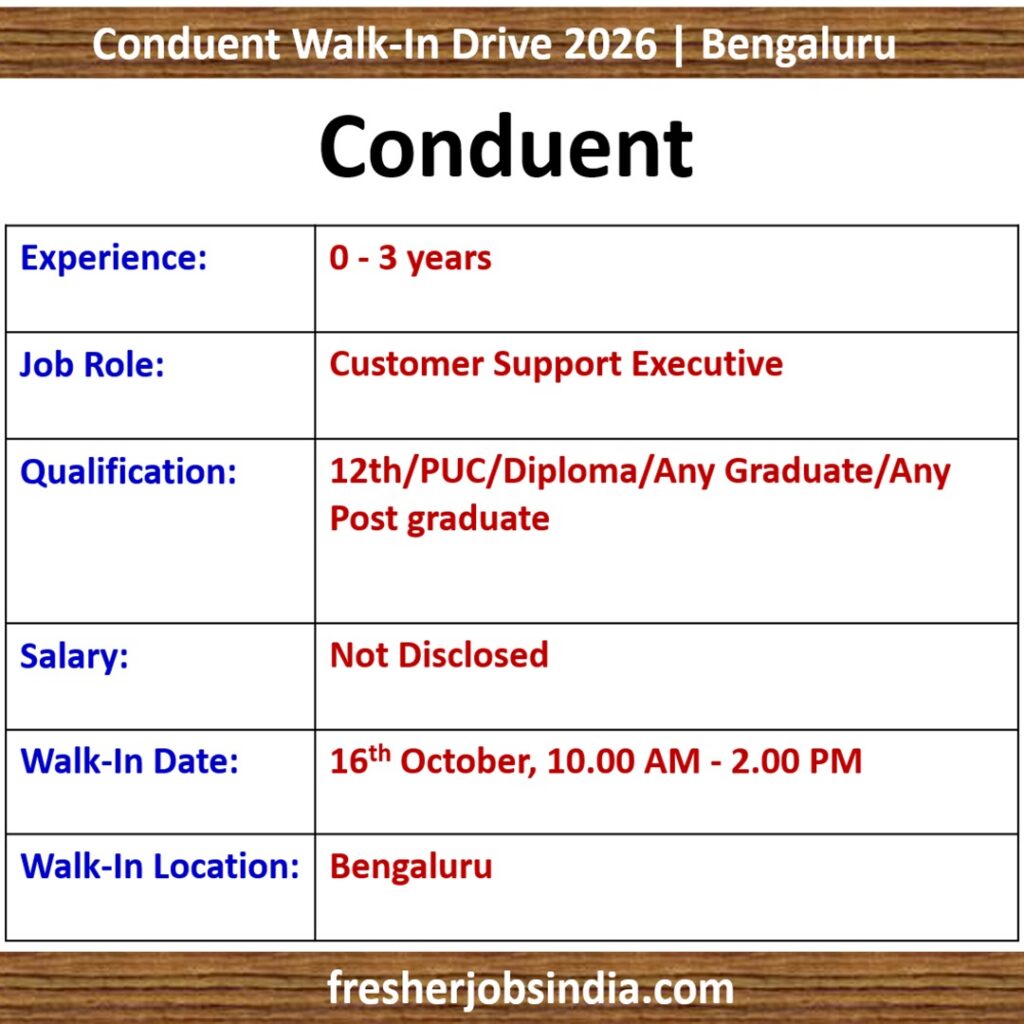 Conduent Walk-In Drive 2026 | 16th Oct | Customer Support Executive | Bengaluru